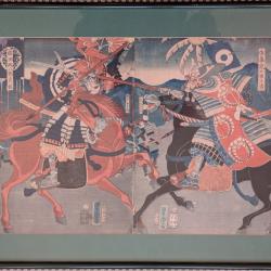 Estampe japonaise originale Combat de deux héros à la lance YOSHITORA