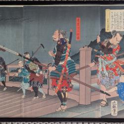 Estampe japonaise originale Rencontre au pont Yahagi YOSHITOSHI