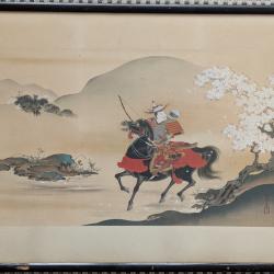 Estampe/Aquarelle japonaise originale Yoshitune à cheval près d'un cerisier en fleurs KIITSU