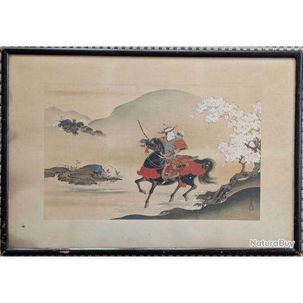 Estampe/Aquarelle japonaise originale Yoshitune  cheval prs d'un cerisier en fleurs KIITSU