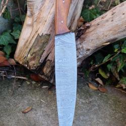 Couteau De Cuisine de Chef Lame Acier Damas 256 Couches Manche Bois Fabrication Artisanale