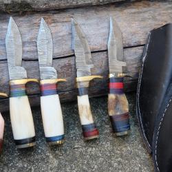 LOT DE 5 Couteau Skinner Damas Lame 256 Couches Manche Os/Cerf/Bélier Cerf Fab Artisanale Etui Cuir