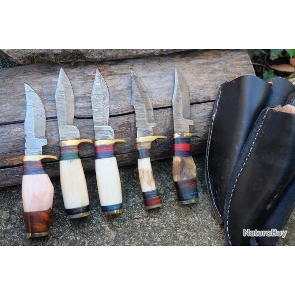 LOT DE 5 Couteau Skinner Damas Lame 256 Couches Manche Os/Cerf/Blier Cerf Fab Artisanale Etui Cuir