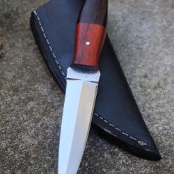 Stylet Couteau Dague de Poche Lame Acier Carbone 1075 Manche Bois Etui Cuir Fabric Artisanale