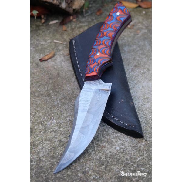 Couteau Skinner Damas Lame Upswept Acier 256 Couches Manche Blue/Red Etui Cuir Fabricat Artisanale