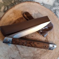 Couteau manche semi-auto manche bois + &eacute;tui avec lani&egrave;re neuf