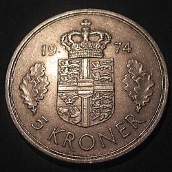 Danemark piece de 5 krone 1974  Frederik IX ttb diametre 32,8 mm