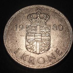 Danemark piece de 1 krone 1980 ( MargrethII ) ttb diametre 25,3 mm