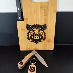Coffret chasseur - Planche à découper, couteau et porte-clés sanglier - Cadeau chasse personnalisé -