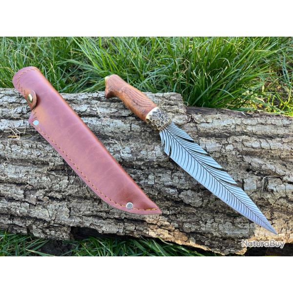 COUTEAU DROIT 30CM LAME PLUME D'OISEAU ETUI CUIR enchre