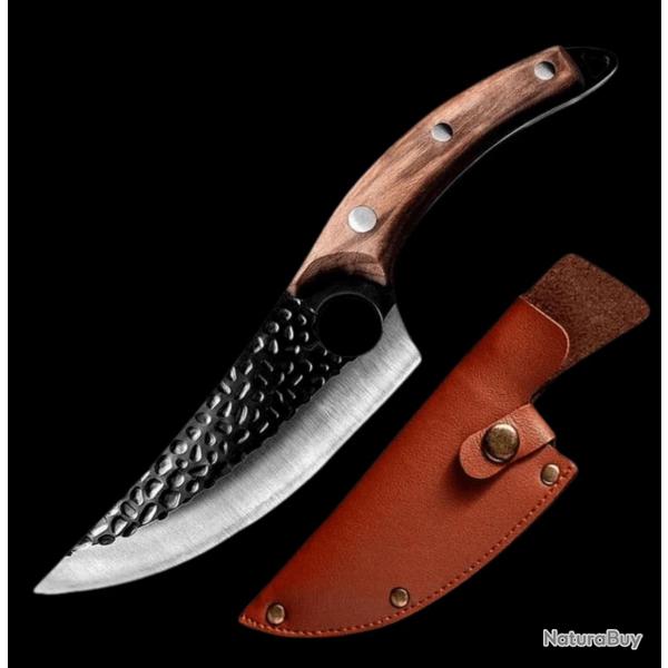 COUTEAU DE DECOUPE NORDIQUE 27CM LAME EFFET BRUT ETUI CUIR enchre