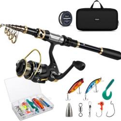 Kit Canne à Pêche Moulinet Leurres Crochet Télescopique Ligne de Pêche Sac de Transport 2.7 M