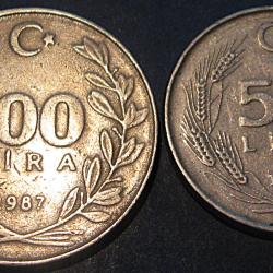 turquie, pieces de 100 & 50 lira 1987 et 1985 ttb