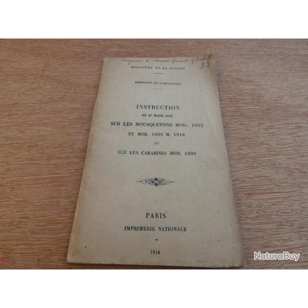 Manuel Instruction sur le Mousquetons Modele 1892 1916 et Carabine 1890