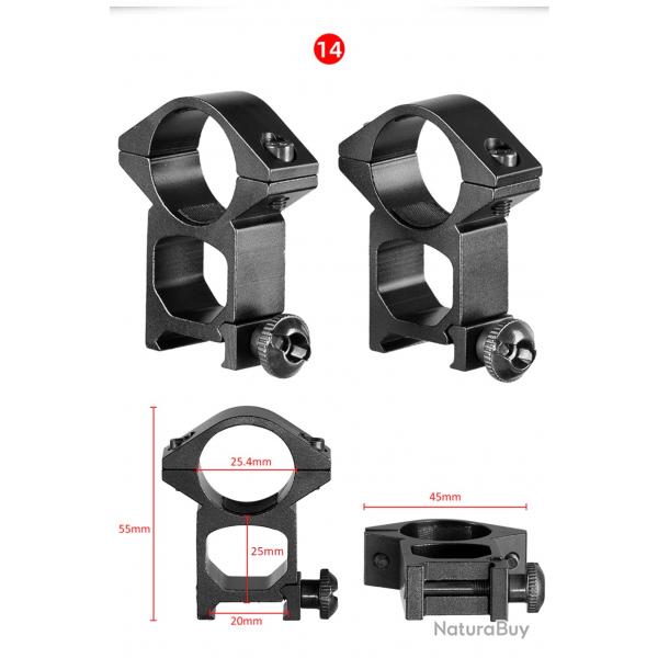 Colliers de montage diamtre 25.4mm-rail Weaver ou Picatinny-haut 25mm