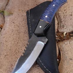 Couteau Skinner de Chasse Bushcraft Lame Acier Carbone 1075 Manche Bois/Résine Etui Cuir F Artisanat