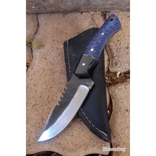 Couteau Skinner de Chasse Bushcraft Lame Acier Carbone 1075 Manche Bois/Rsine Etui Cuir F Artisanat