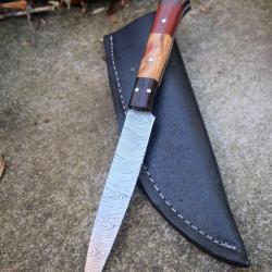 Couteau De Cuisine & Rando Lame Acier Damas 256 Couches Manche 2 Bois Etui Cuir Fabric Artisanale