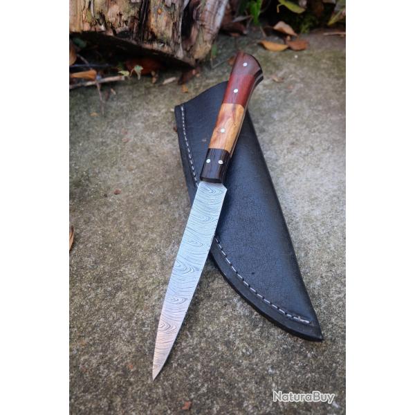 Couteau De Cuisine & Rando Lame Acier Damas 256 Couches Manche 2 Bois Etui Cuir Fabric Artisanale