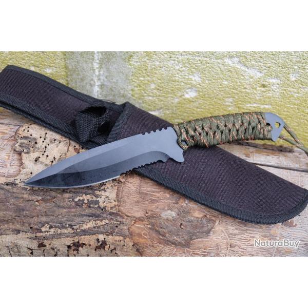 Couteau de Brousse Harpoon Lame Acier 3Cr13 Manche Corde Etui Nylon Idal pour la Survie & la PcheA