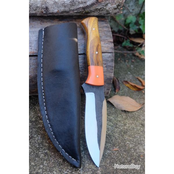 Couteau Skinner de Chasse Bushcraft Lame Acier Carbone 1075 Manche Rsine Etui Cuir Fabr Artisan 02