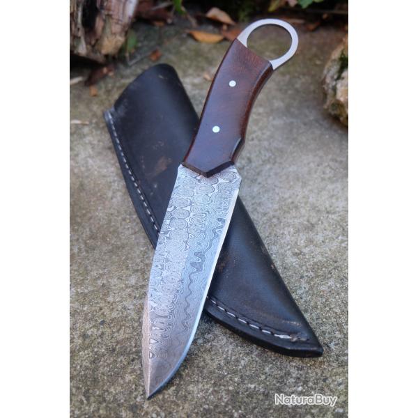 Couteau Karambit Lame Acier Damas 256 Couches Manche Bois de Rose Etui Simili Cuir Fabr Artisanale