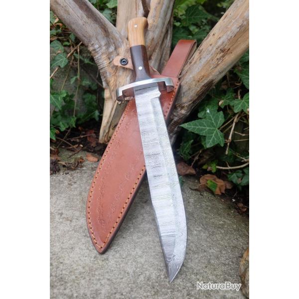 Poignard XXL Couteau Damas Lame 256 Couches Drop Point Manche 2 Bois Fabr Artisanale Etui Cuir