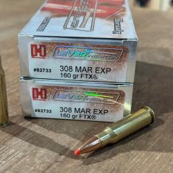 2 BOITES DE 20 CARTOUCHES HORNADY 308 MARLIN EX 160 FTX EN STOCK