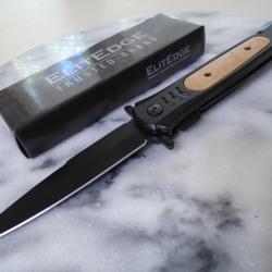 Couteau ElitEdge Dague A/O Lame Spear Point Acier Inoxydable Manches Bois Marron Linerlock Clip