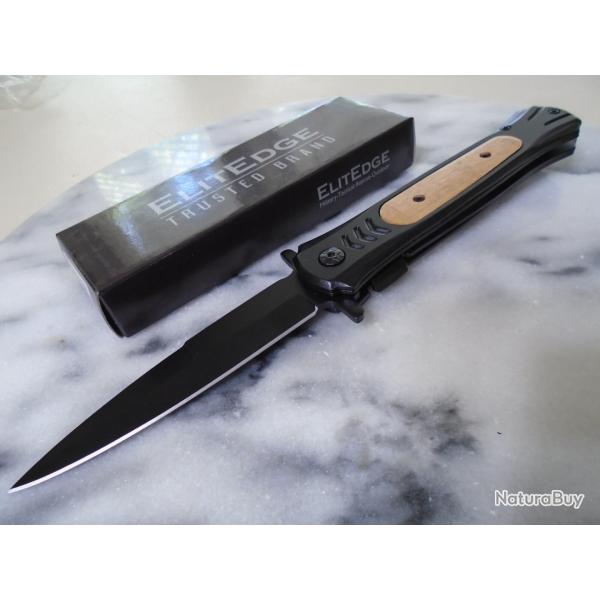 Couteau ElitEdge Dague A/O Lame Spear Point Acier Inoxydable Manches Bois Marron Linerlock Clip