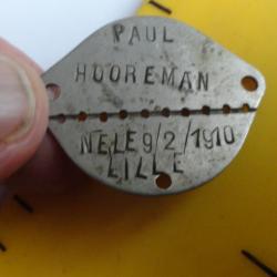 Plaque matricule soldat de Lille