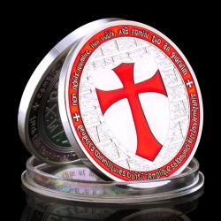 Pi&egrave;ce chevalier templier m&eacute;tal argent&eacute; - M&eacute;daille de collection avec croix rouge Souvenir historique