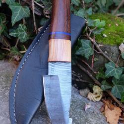 Poignard Puukko Couteau Lame Acier Damas 256 Couches Harpoon Manche Bois Fab Artisanale Etui Cuir