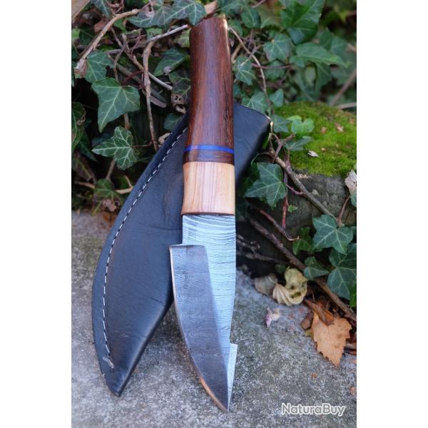 Poignard Puukko Couteau Lame Acier Damas 256 Couches Harpoon Manche Bois Fab Artisanale Etui Cuir