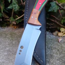 Couteau Tanto Tactical Urban Lame Acier Carbone 1055 Manche Bois Automne Etui Cuir Fabr Artisanale