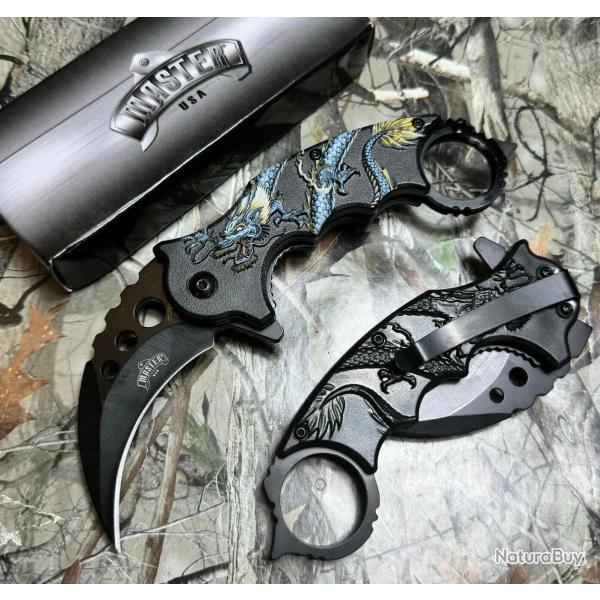 Couteau Elite Edge Dragon Purple Karambit Linerlock A/O Lame Acier Inox Manche Nylon