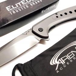 Couteau ElitEdge Semi Automatique Gray Lame Acier 440C Tanto Reverse Manche Acier Linerlock Clip