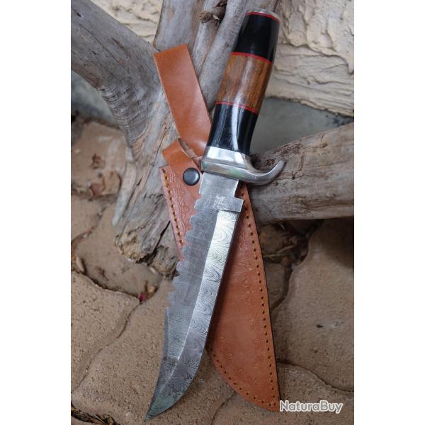 Couteau Bowie Bush Australien Manche Bois/Rsine Lame Acier Damas 256 Couches Etui Cuir F Artisanale