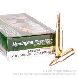 DM24.2 - LOT DE 60 munitions REMINGTON HYPERSONIC  cal 243WIN  100GR CORE LOKT ULTRA BONDED PSP