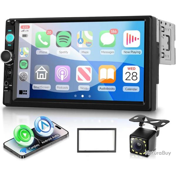 Autoradio 1 Din avec Carplay Android Auto sans Fil, 7 Pouces IPS HD cran Tactile Poste Radio Voitur