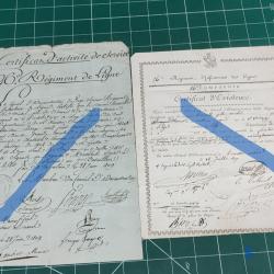 1ER EMPIRE 1807/ 1809 26 EME REGIMENT DE LIGNE 2 CERTIFICATS DE SERVICE (D'EXISTENCE) FUSILIER BELGE