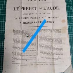 AVIS DU PREFET DE L'AUDE AUX CONSCRITS DE 1809, IMPRIMERIE DE CARCASSONNE