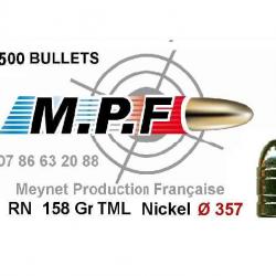 500 Balles MPF Ogives cuivrées nickelées 38 RN 158 Gr Ø 357" en promo et port gratuit jusqu'à Noel