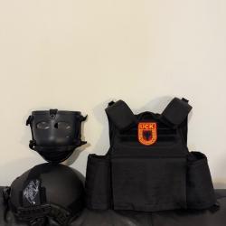 GILET PARE BALLE AVEC 2 PLAQUES BALISTIQUES SAPI PE NIJ3 AEGIS + CASQUE PARE BALLE SWAT 3A + MASK 3A