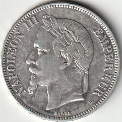 Pi&egrave;ce de Monnaie ARGENT France 5 francs NAPOLEON III 1869 STRASBOURG