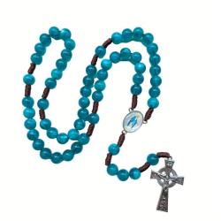 Chapelet Bleu Vierge Marie - Perles Acrylique 10 mm et Croix Argentée