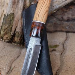 Puukko XXL Couteau Damas Lame 256 Couches Lame Drop Point Manche Olivier Fabric Artisan Etui Cuir