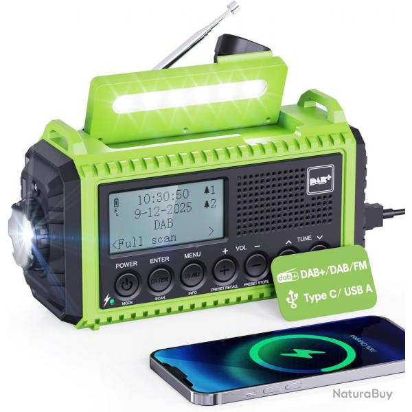 Radio Urgence Solaire Manivelle USB Batterie 5000mAh DAB Lampe Poche tanche IPX4 Kit Survie SOS