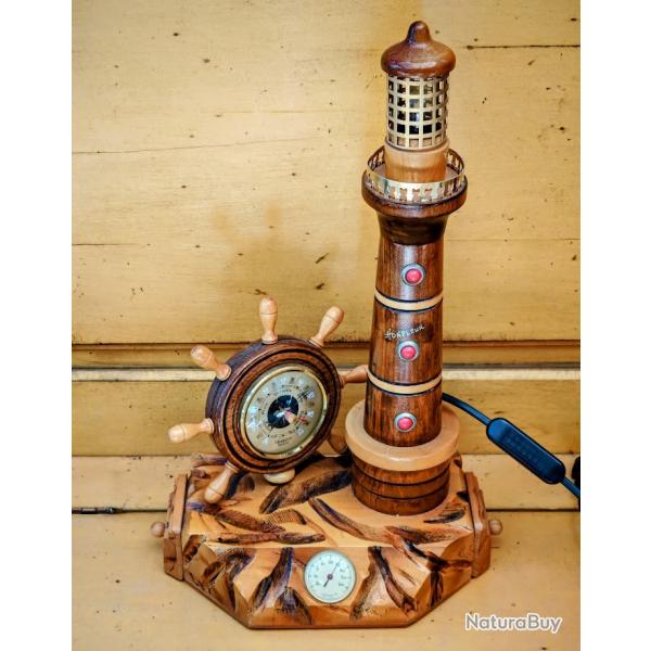 lampe 220v Cotier phare marin 1950 Barometre en bois tourn souvenir HONFLEUR" vers 1950-60