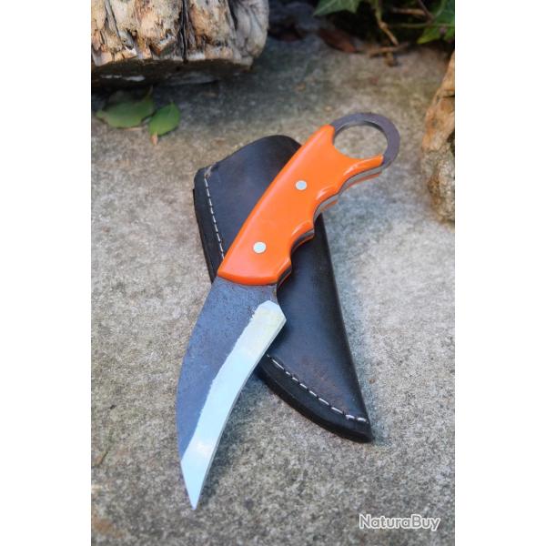Couteau Karambit Tactical Lame Acier Carbone 1075 Manche Rsine Etui Simili Cuir Fabr Artisanale